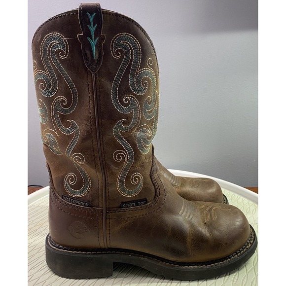 Justin Chocolate Chip Womens Leather Steel Toe Brown&Blue Cowgirl Boots Sz.6.5 B - Picture 5 of 14